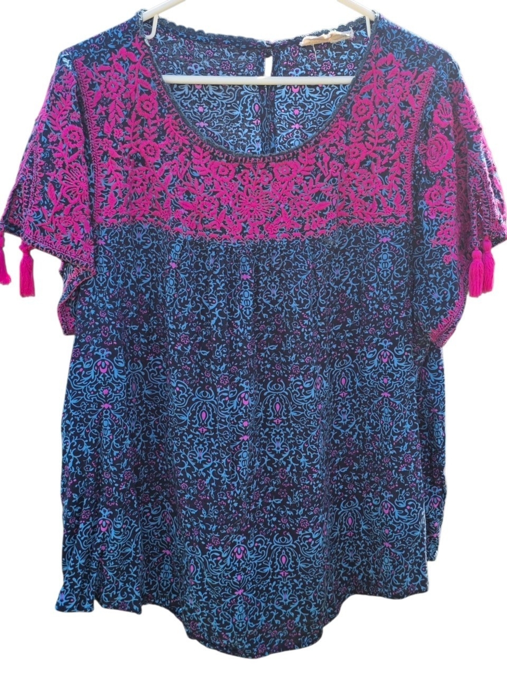 Savanna Jane Boho Embroidered Tassel Peasant Blouse 2X Navy Pink